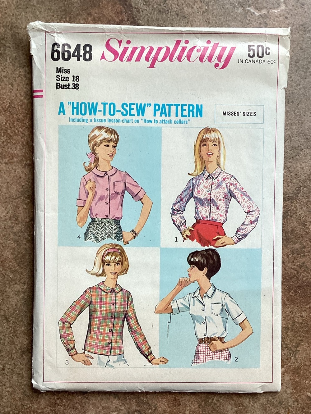 Vintage 1966 Simplicity 6648 Sewing Pattern Misses' Set of Blouses Tops, 60s